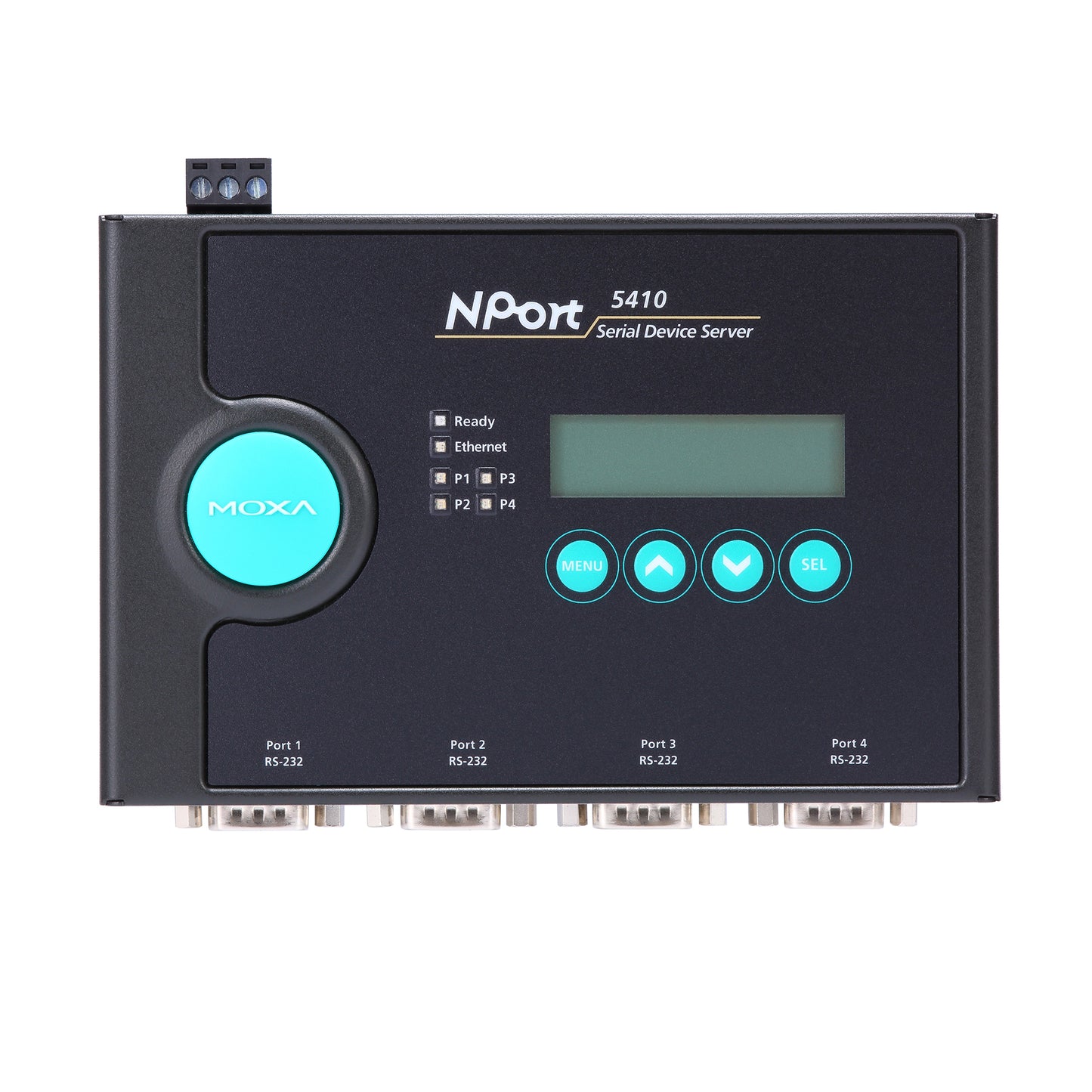 4-port serial device server, 10/100M ethernet, RS-232 DB9 male, 12~48 VDC, 0~55°C, w/o adapter