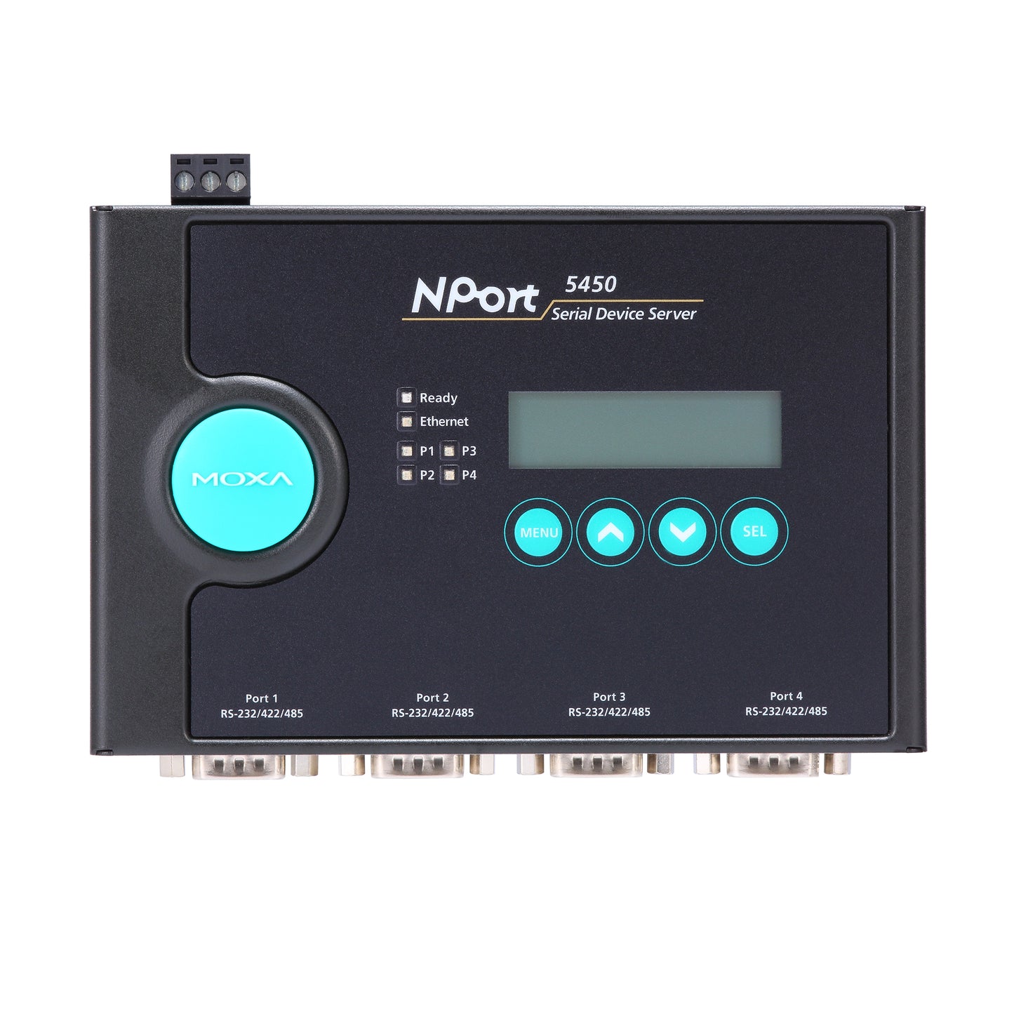 4-port device server, 10/100M ethernet, RS-232/422/485 DB9 male, RS-232/422/485 12~48 VDC, 0~55°C